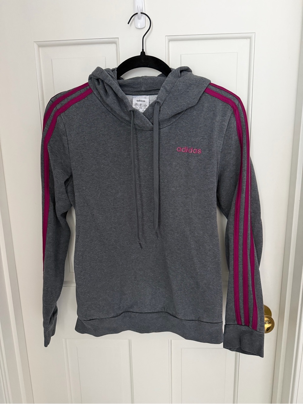 Adidas Women's Gray Hoodie Sweater with Purple Stripes